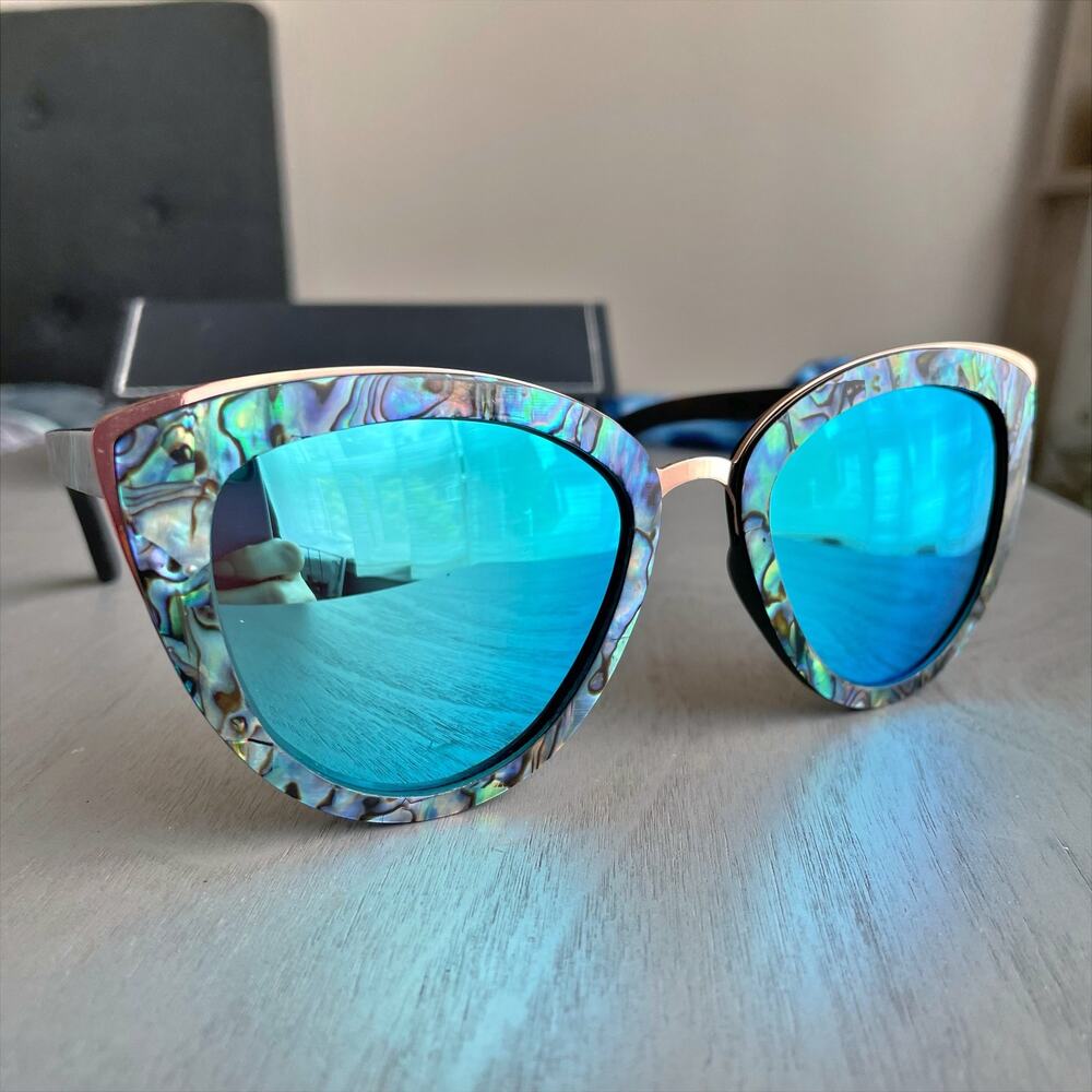 SLYK SHADES Bombshell Abalone & Wood Sunglasses Ice Blue Mirror Polarized Lenses - Picture 4 of 11